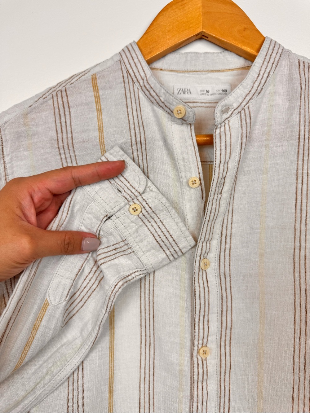 Zara Boys Beige Mandarin Linen Cotton Blend Stripe Shirt